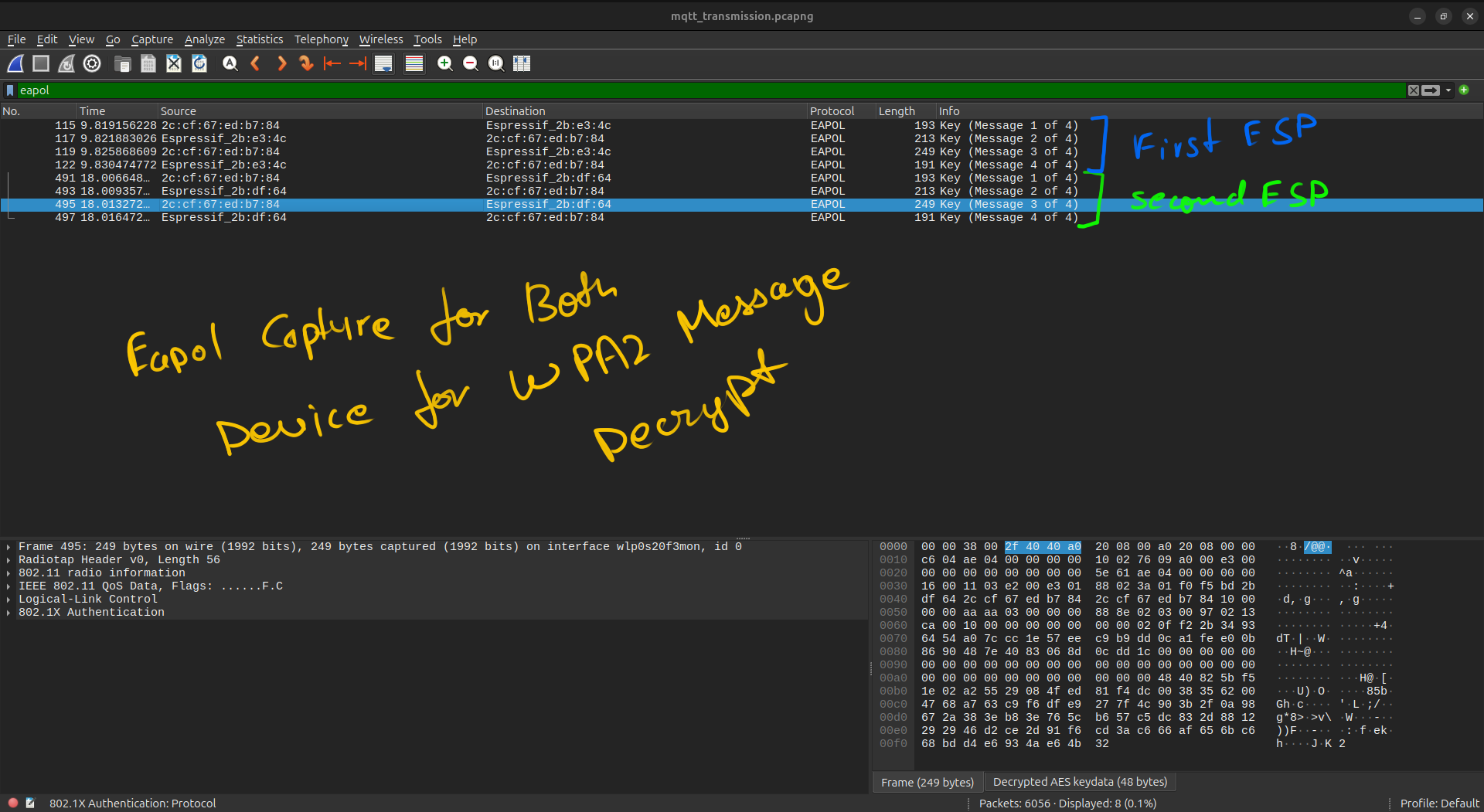 Wireshark showing a captured EAPOL 4-way handshake