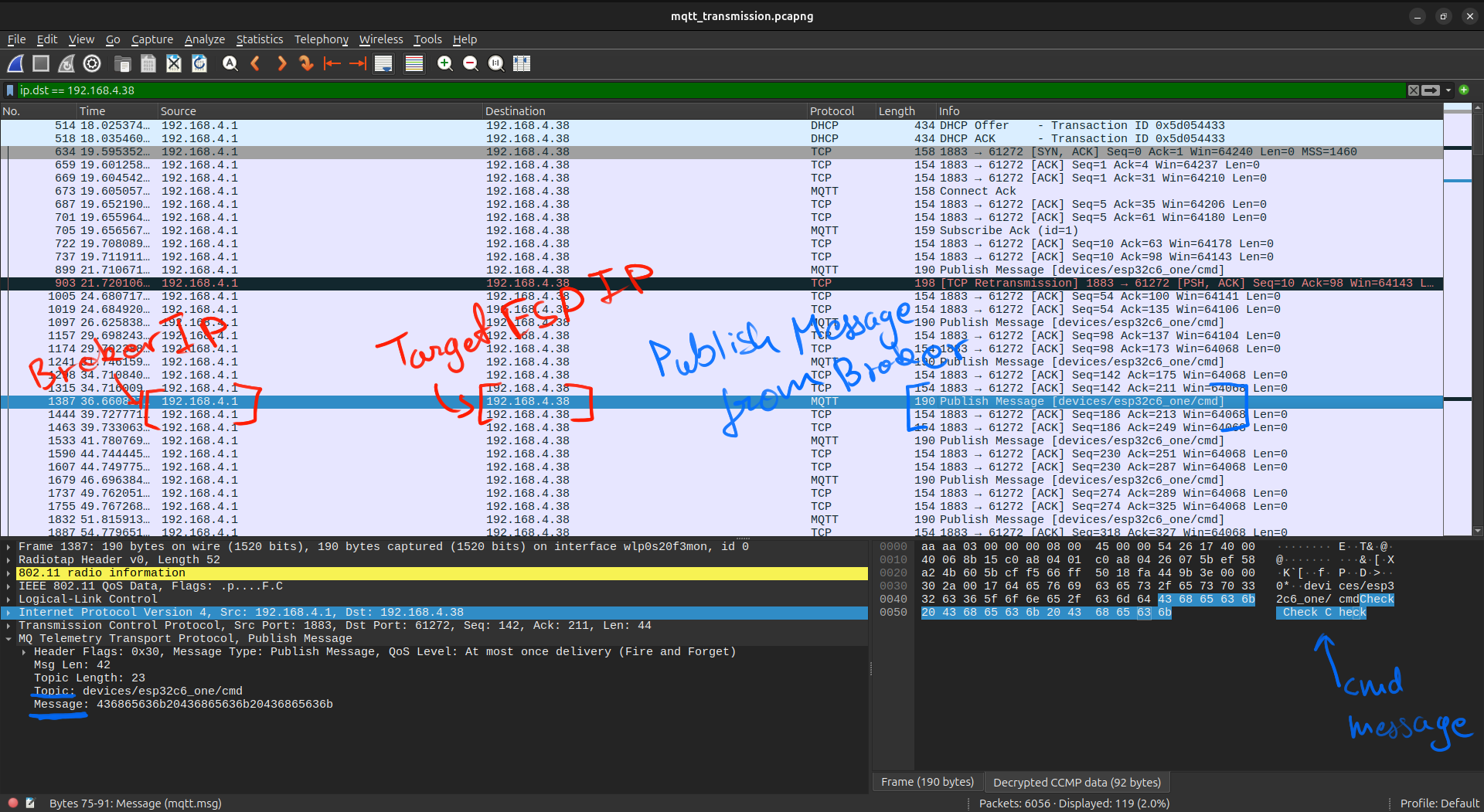 MQTT publish packets forwarded from the broker to subscribers in Wireshark