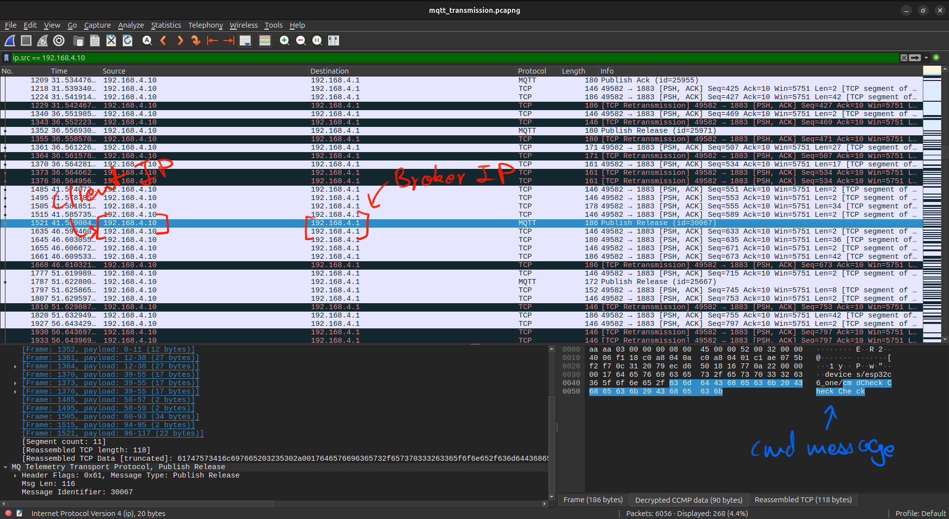 MQTT publish packets sent to the broker in Wireshark